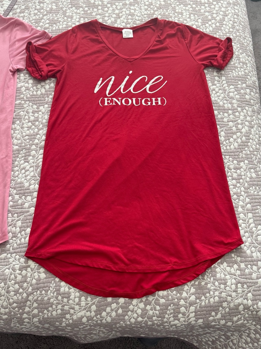 Red V-Neck Chemise with "nice (ENOUGH)" Graphic